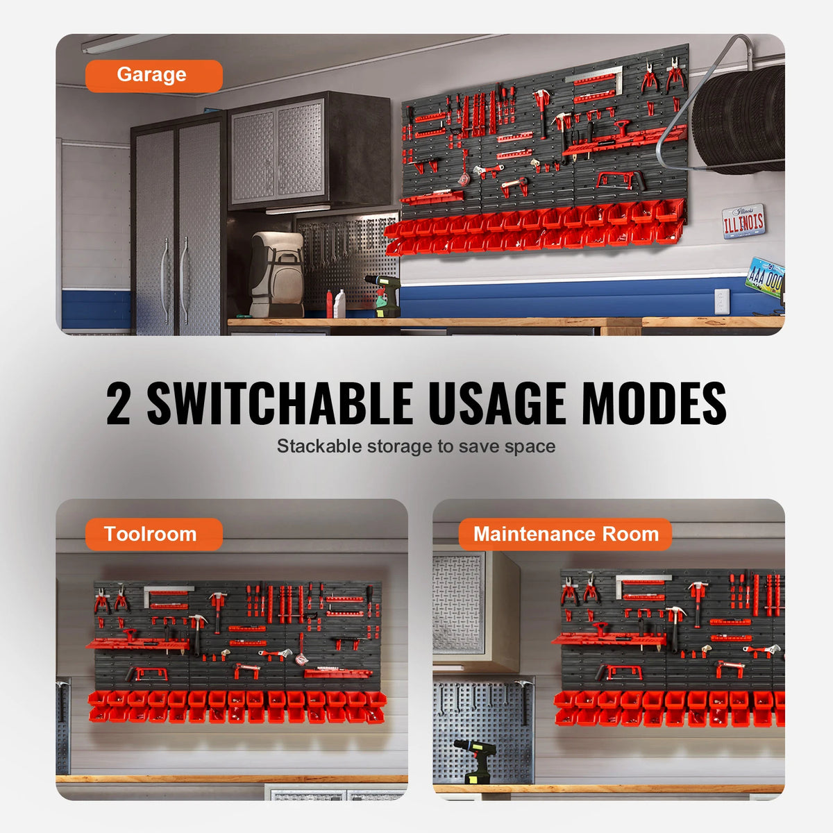 Wall Mounted Parts Storage Bins 30 Piece with Wall Panels, Stackable Garage and Workshop Organiser, Red