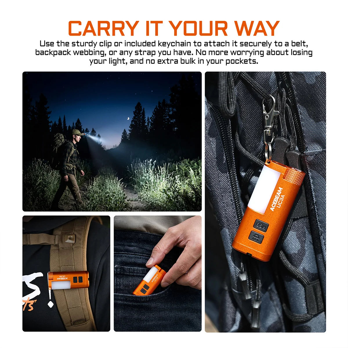 Rechargeable EDC LED Flashlight 900 Lumen with RGB Side Light, Magnetic Tail and Clip, Orange