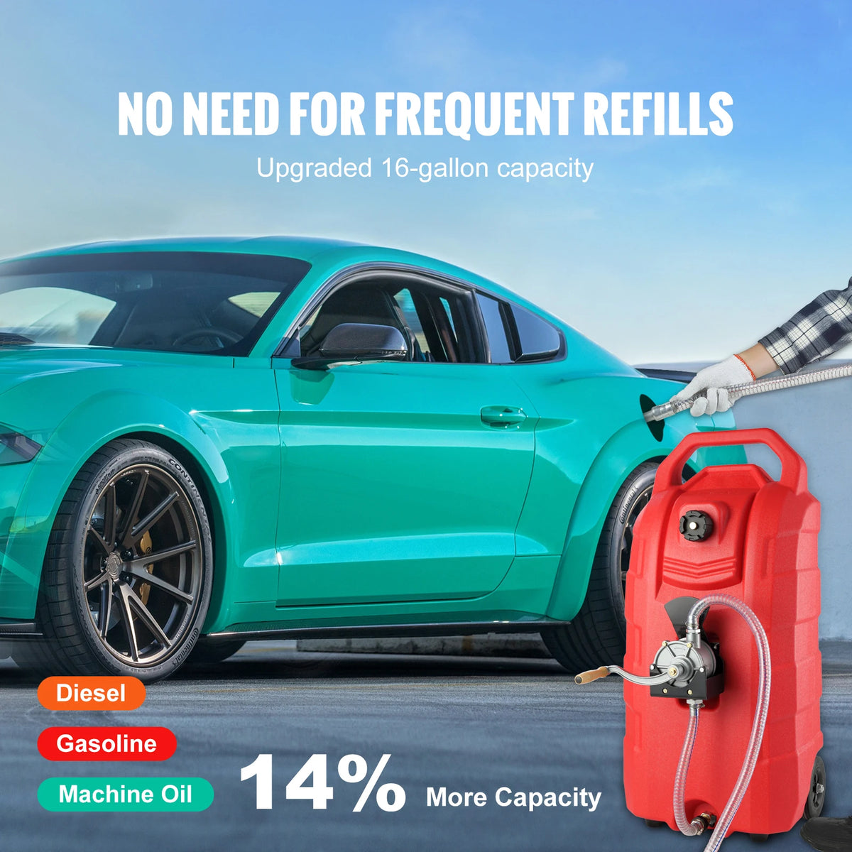 16 Gallon Portable Fuel Caddy with Hand Pump, Wheels and Metal Wire Hose for Petrol, Diesel and Oil