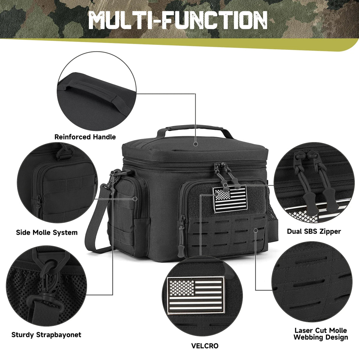 Tactical Insulated Cooler Lunch Bag, Leak-Resistant and Heavy Duty for Work, Camping and Picnics, Black