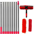 Extendable Window Cleaning Kit 100-420cm, 2-in-1 Squeegee and Microfibre Scrubber, 180° Swivel Head, Red