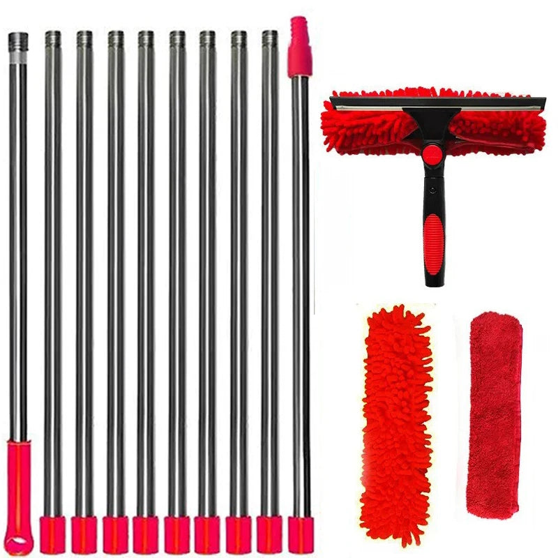 Extendable Window Cleaning Kit 100-420cm, 2-in-1 Squeegee and Microfibre Scrubber, 180° Swivel Head, Blue