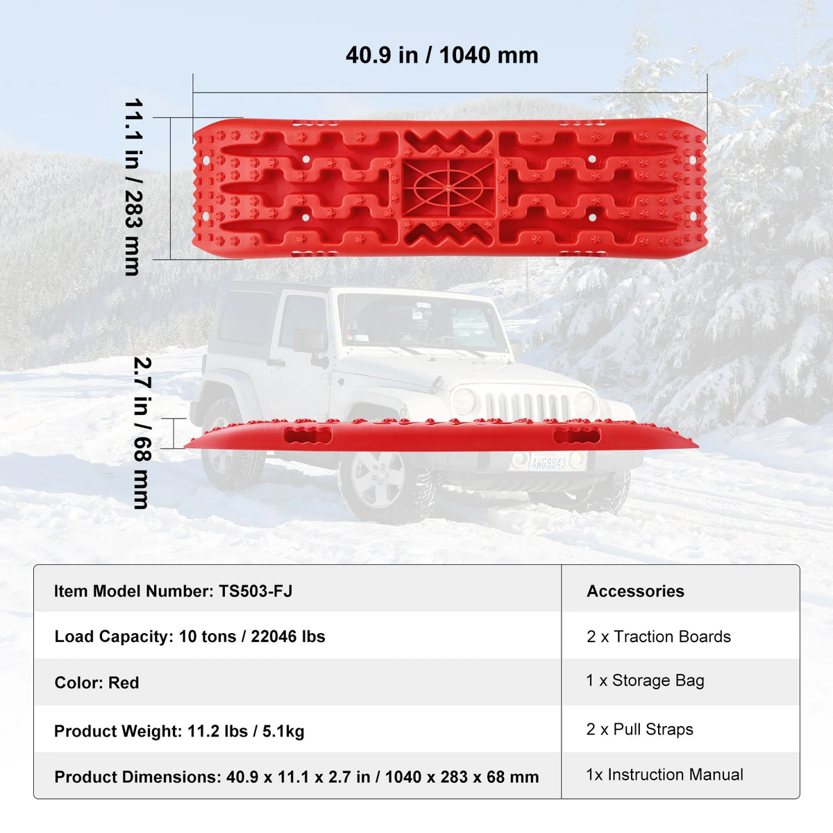 Recovery Traction Boards Pair, 10 Tonne Rated PP Tyre Traction Mats for 4WD, SUV and RV, Black Short