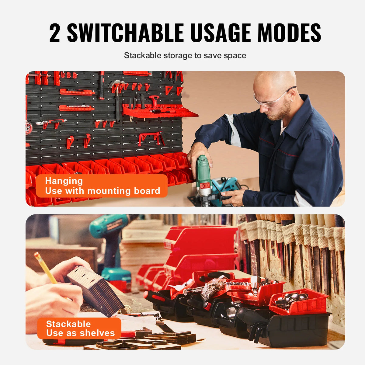 Wall Mounted Parts Storage Bins 30 Piece with Wall Panels, Stackable Garage and Workshop Organiser, Red