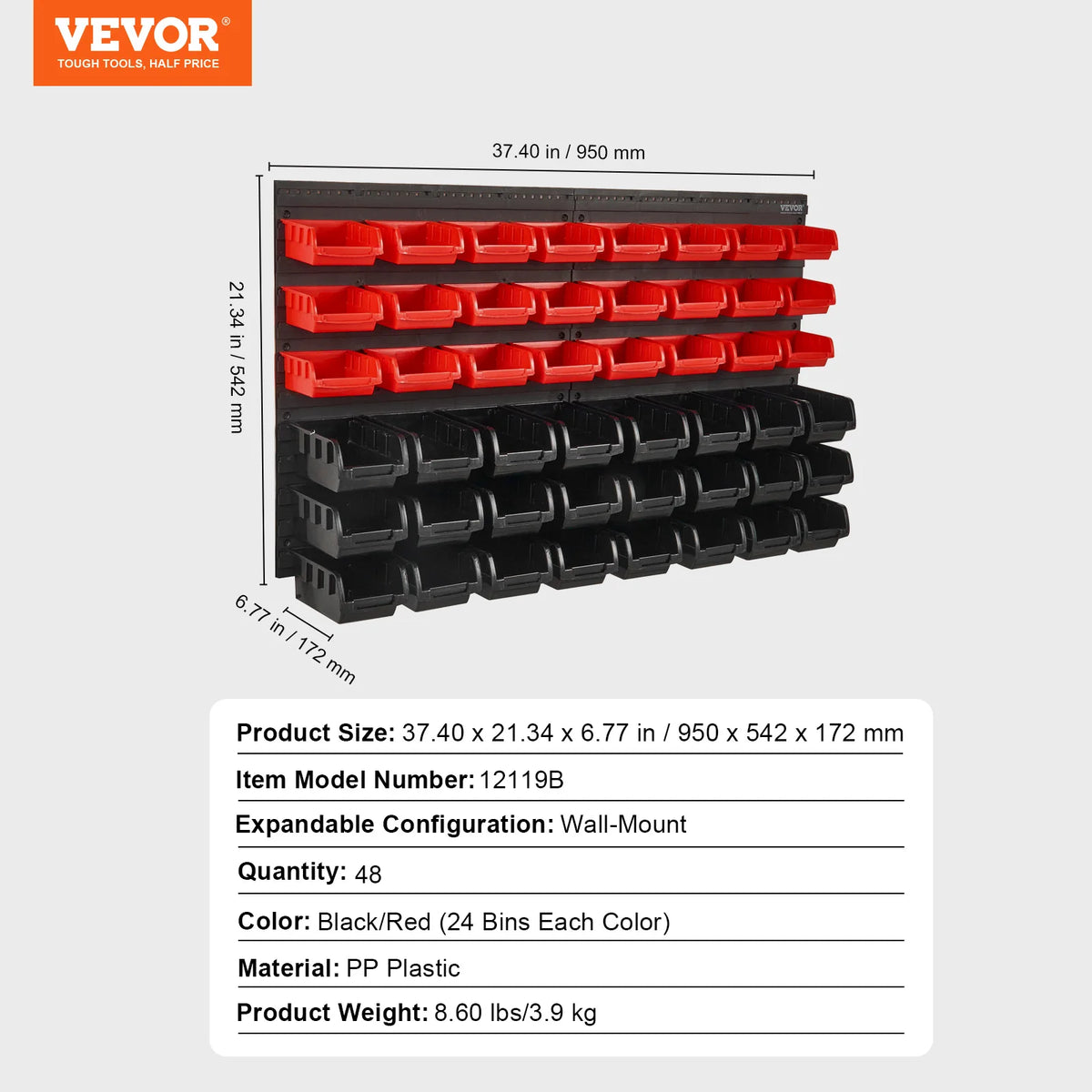 Wall Mounted Parts Storage Bins 48 Piece with Wall Panels, Stackable Garage and Workshop Organiser, Red and Black