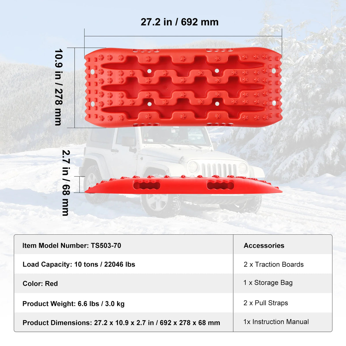 Recovery Traction Boards Pair, 10 Tonne Rated PP Tyre Traction Mats for 4WD, SUV and RV, Black Short