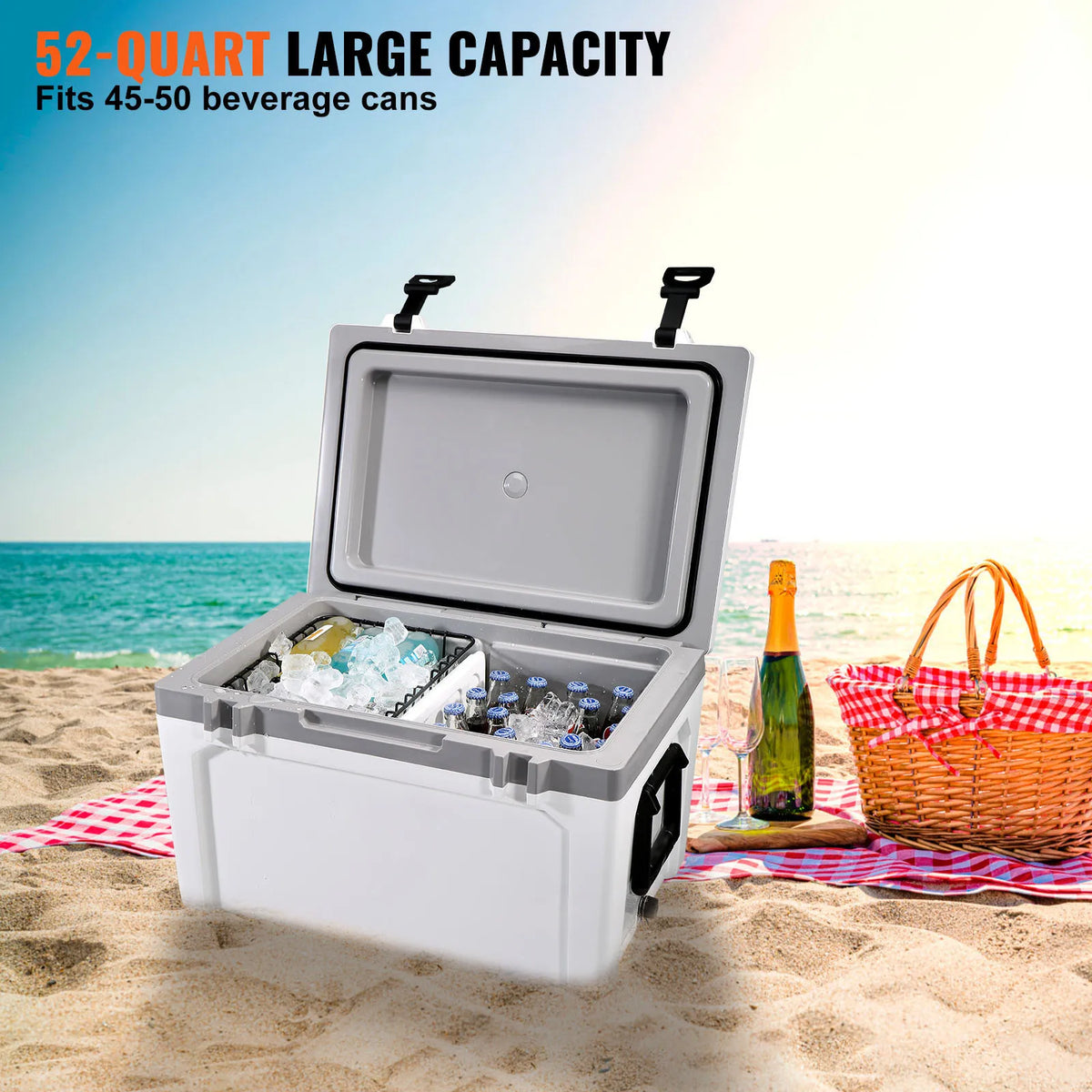 52QT Hard Cooler 49L with Dry Basket, Bottle Opener and Cup Holder, Insulated Ice Chest for Camping