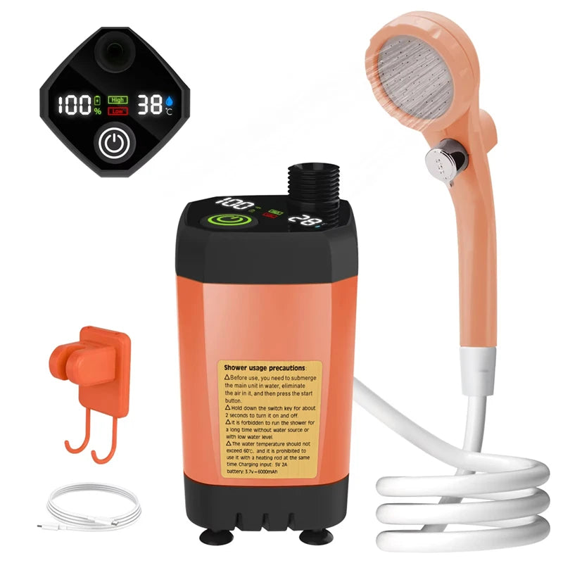 Rechargeable Portable Camping Shower Pump 6000mAh with Digital Display, Shower Head and 2m Hose, Orange