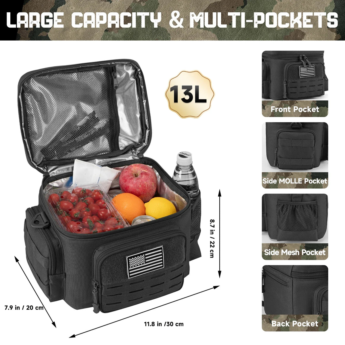 Tactical Insulated Cooler Lunch Bag, Leak-Resistant and Heavy Duty for Work, Camping and Picnics, Black