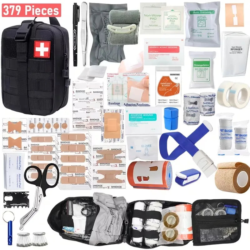 Black 379-Piece First Aid Kit in MOLLE Pouch, Compact Emergency Kit for Car, Camping, Hiking and Home