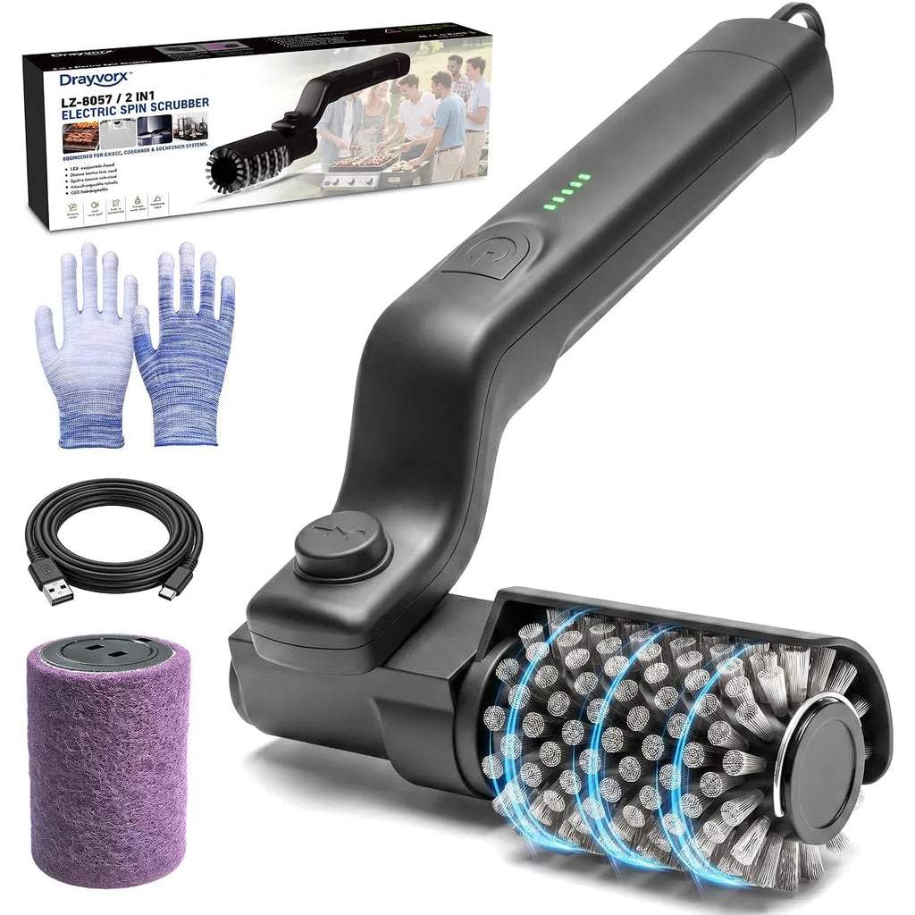 Cordless Electric Grill Brush with 2 Replaceable Heads, Rechargeable BBQ Grate Cleaner for Gas and Charcoal