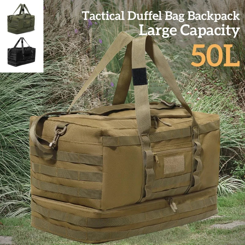 50L Tactical Duffel Bag in 600D Fabric for Travel, Camping, Hiking and Gym, Black