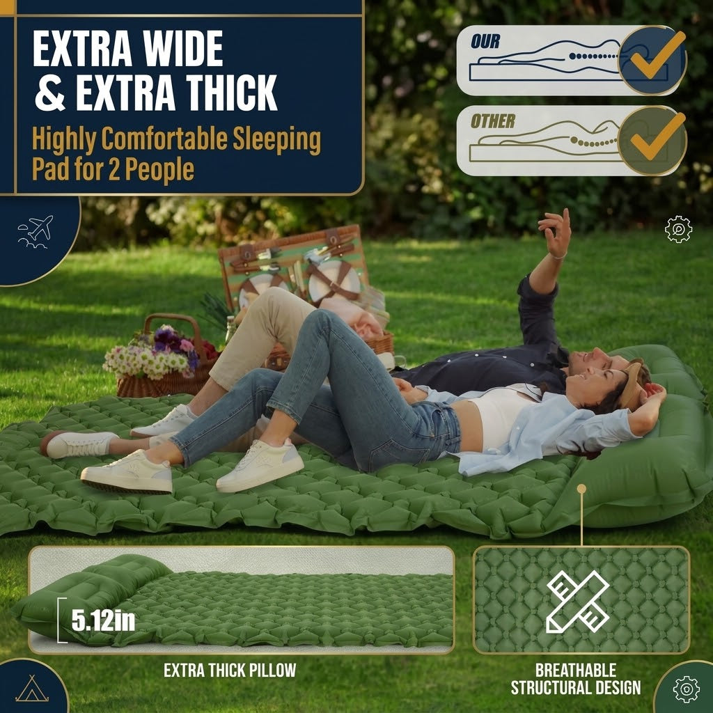 Orange Double Camping Sleeping Pad with Built-in Foot Pump, Extra Wide Inflatable Mat for Tents
