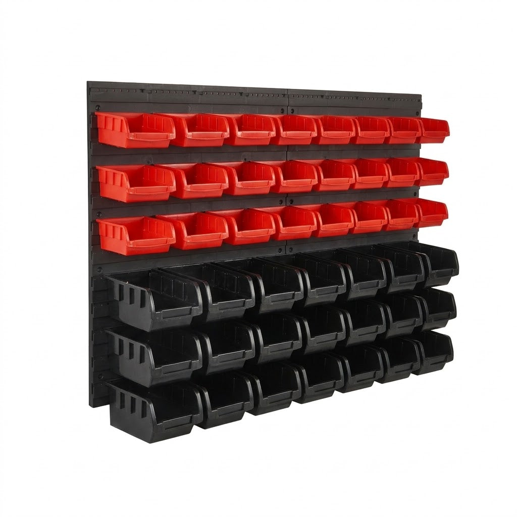 Wall Mounted Parts Storage Bins 48 Piece with Wall Panels, Stackable Garage and Workshop Organiser, Red and Black