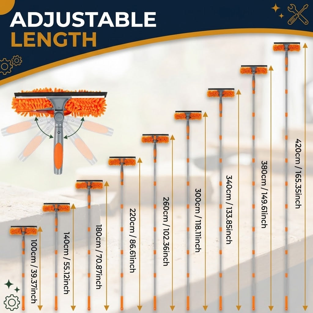 Orange Extendable Window Cleaning Kit 100-420cm, 2-in-1 Squeegee and Microfibre Scrubber, 180° Swivel Head