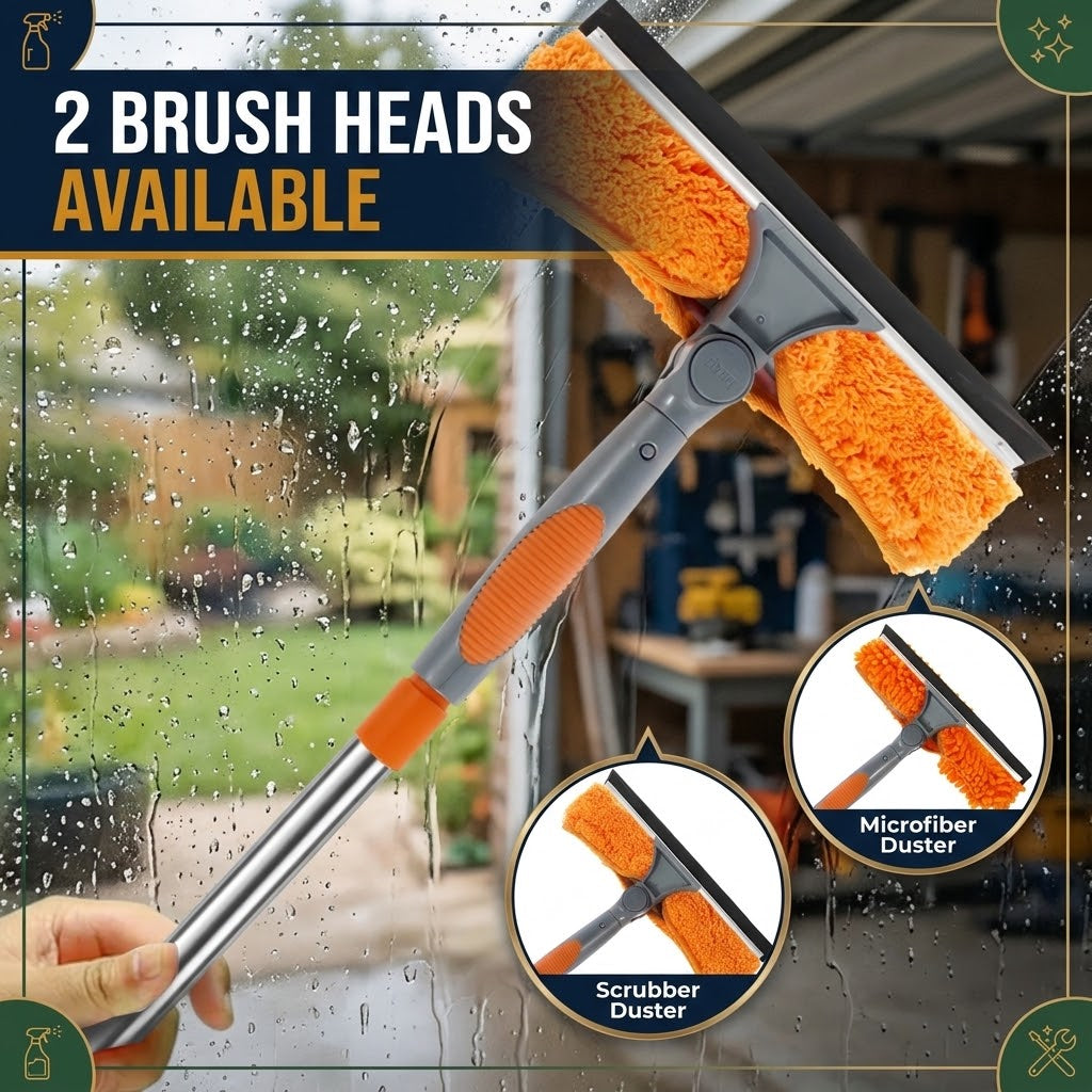 Orange Extendable Window Cleaning Kit 100-420cm, 2-in-1 Squeegee and Microfibre Scrubber, 180° Swivel Head