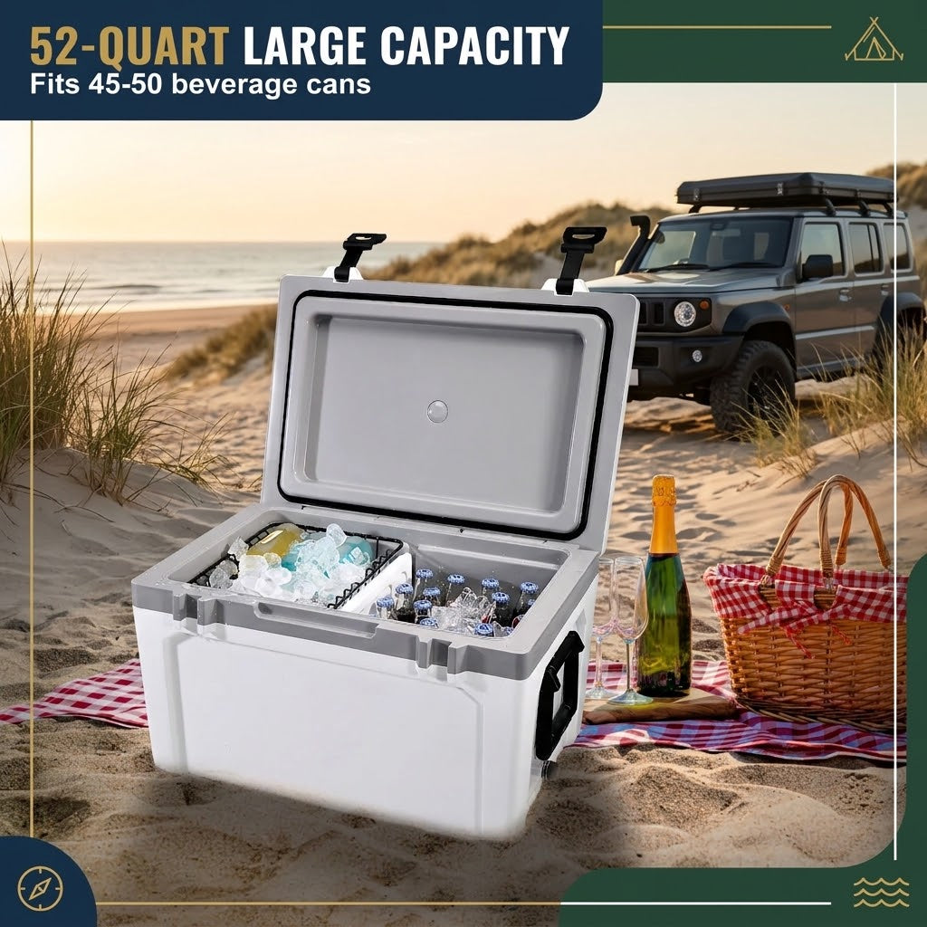 52QT Hard Cooler 49L with Dry Basket, Bottle Opener and Cup Holder, Insulated Ice Chest for Camping
