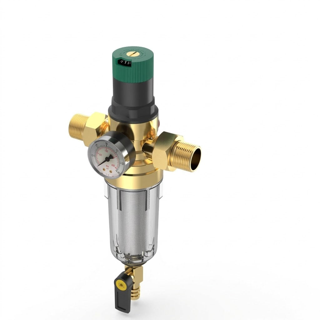 RV Water Pressure Regulator with 40 Micron Filter, Adjustable Brass Valve, 3/4 and 1 Inch